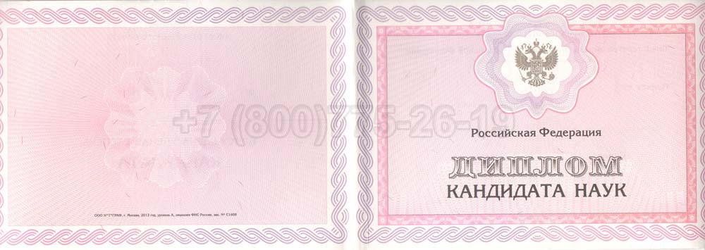 Диплом кандидата наук Гознак 2013-2016 год выпуска г.Красноярск